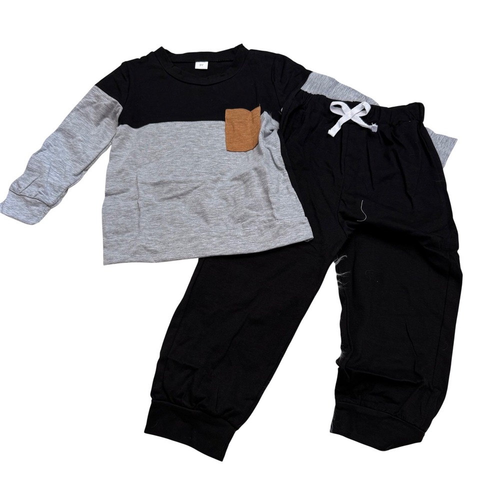 Toddler Boys Colorblock Long Sleeve Top and Jogger Pants Set Black Grey 3Y NWOT